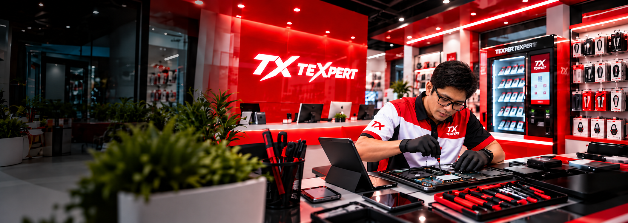 Juruteknik TEXPERT sedang membaiki komputer riba di pusat servis